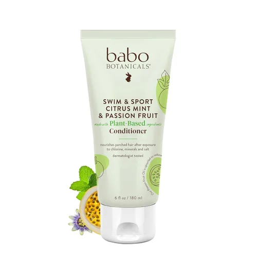 Babo Botanicals Swim & Sport - Acondicionador de menta cítrica y maracuyá, purificador y reponedor, manteca de karité y té verde, para todas las