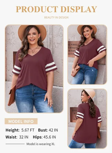 Miniatura 101 de Eytino Blusas de talla grande para mujer, cuello en V, manga corta, a rayas, casual, holgada, con bolsillo (1X-5X)