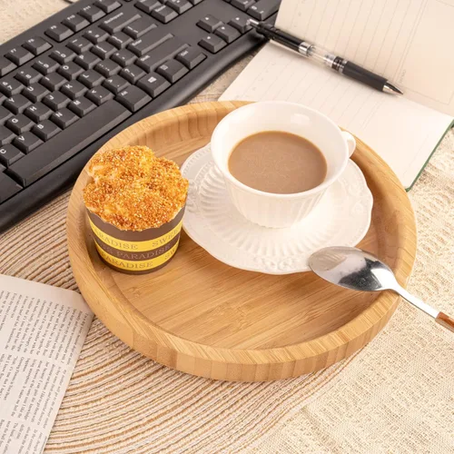 Miniatura 5 de Dranixly Bandeja de servir, redonda de bambú, hermosa decorativa para cocina, comedor, mesa de café, adecuada para almacenamiento y exhibición