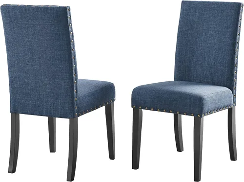 Roundhill Furniture Biony - Juego de 2 sillas de comedor de tela azul con ribete de clavos