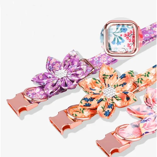 Miniatura 3 de Collar de cachorro con patrón floral, bonito collar de perro con flor de diamantes de imitación desmontable para perras (S, azul)