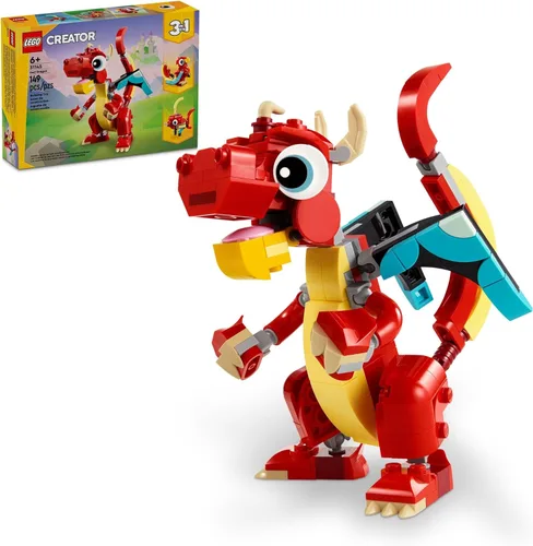 LEGO Creator 31145 - Juguete de dragón rojo 3 en 1, se transforma de dragón a pez a fénix, idea de regalo para niños y niñas de 6 años en adelante,