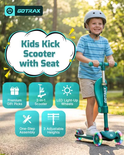 Miniatura 2 de Gotrax KS3 - Patinete para niños, ruedas iluminadas LED, manubrio de altura ajustable y asiento extraíble, cubierta antideslizante inclinada