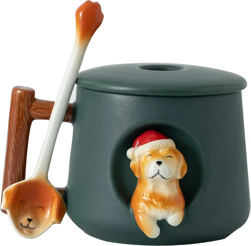 DIHOclub Taza de café de cerámica con tapa y cuchara a juego, taza con patrón 3D Golden Retriever para té, leche y chocolate, bonita taza para los