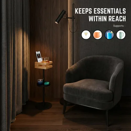 Miniatura 5 de Mesa de bebidas para espacios pequeños – Mesa auxiliar delgada de pedestal con parte superior de madera real y base estable para café y cócteles
