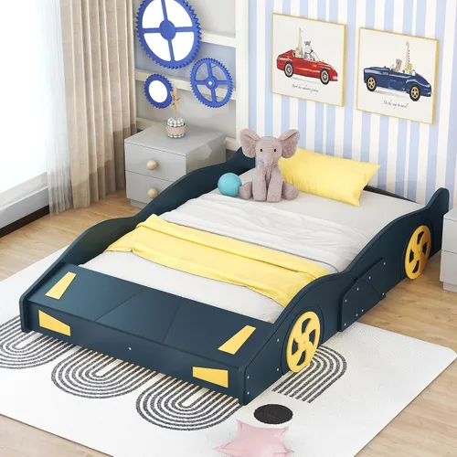 Miniatura 16 de Cama de plataforma en forma de auto de carreras de tamaño individual con ruedas y almacenamiento, base de cama de plataforma de madera maciza