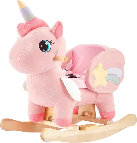 FUNLIO Caballo mecedor de unicornio para bebé, caballo mecedor de unicornio rosa para niños pequeños de 6 meses a 3 años, balancín de animales de