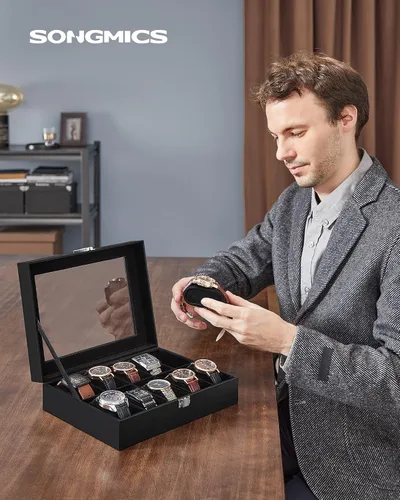 Miniatura 2 de SONGMICS Caja de reloj, caja de reloj de 10 ranuras con tapa de vidrio grande, almohadas extraíbles para reloj, organizador de caja de reloj, regalo