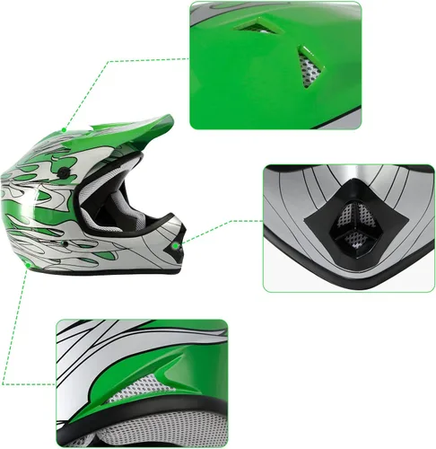 Miniatura 4 de TCT-MOTORPARTS - Casco para niños o jóvenes con lentes y guantes, modelo de llama verde, aprobado por el DOT, para motocross, cuatrimoto, bicicleta
