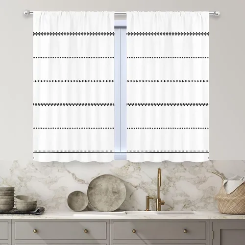 Miniatura 2 de MESHELLY Boho Kitchen Curtains 27.5Wx39H Inch Rod Pocket Black and White Modern Abstract Minimalist Geometric Tassels Chic Bedroom Window Drapes