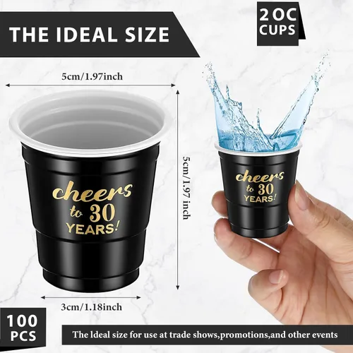 Miniatura 2 de 100 vasos desechables de plástico transparente para cumpleaños de 30 años de 30 años, de 2 onzas, para hombres y mujeres, para aniversario, fiesta
