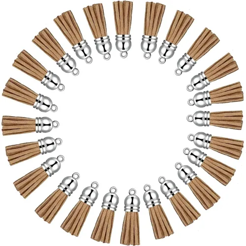 Miniatura 8 de Llavero con borlas de cuero con tapas blancas plateadas, dije de borla para hacer joyas, llavero, pulseras, anillos, manualidades, 30 unidades Negro