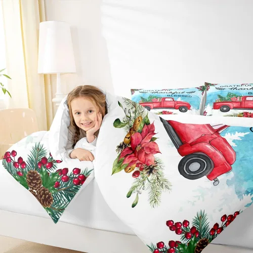 Miniatura 3 de Juego de edredón de Feliz Navidad para niños, tamaño twin, juego de ropa de cama de camión rojo árboles de pino copos de nieve, decoración