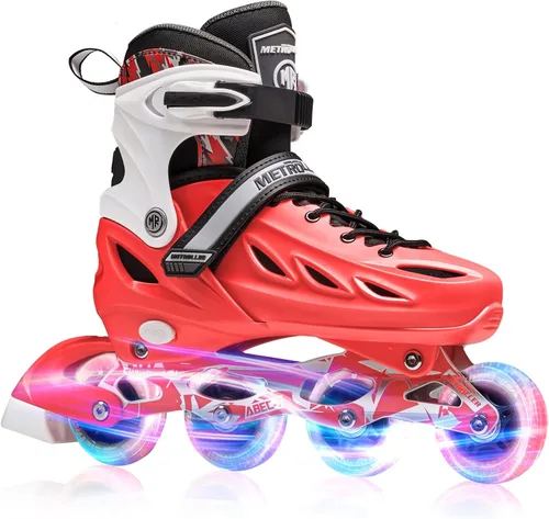 METROLLER Patines en línea para niñas y niños, mujeres, hombres, 4 tallas ajustables, patines en línea con ruedas que se iluminan, patines Rojo