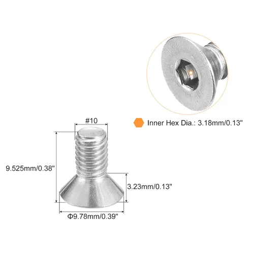 Miniatura 2 de uxcell tornillos de cabeza avellanada plana #10-32x3/8, 50 piezas de tornillos de cabeza plana de acero inoxidable 304 con llave hexagonal, rosca