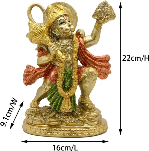 Miniatura 5 de BangBangDa Estatua hindú de Hanuman volador de Dios Hindú, acabado dorado de señor indio, Hanuman volador que lleva hierbas, escultura de ídolo