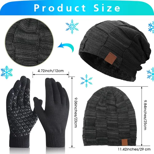 Miniatura 2 de 4 Pack Winter Hats for Men Beanie and Gloves SetWinter Slouchy Beanie Hat Warm Gloves Lined Knit Thick
