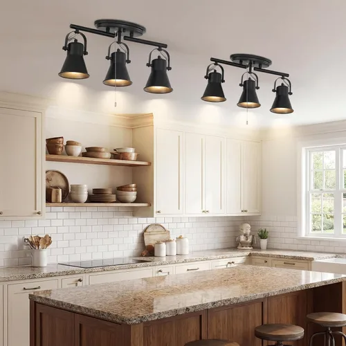 Miniatura 7 de Iluminación de pista de 3 luces con cadena de tracción, lámpara de techo ajustable negra, accesorios de iluminación de pista giratoria para cocina