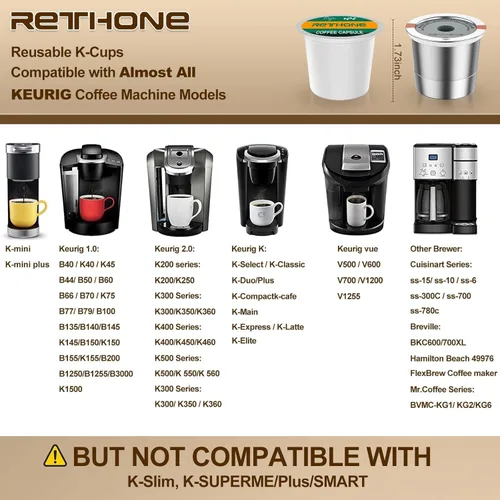 Miniatura 2 de RETHONE K Cup Cápsulas de café reutilizables, filtro de café de K Cup reutilizable de acero inoxidable compatible con cafeteras Keurig 1.0 y 2.0