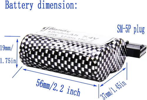 Miniatura 3 de Blomiky - Paquete de 2 baterías recargables de iones de litio de 7.4 V 1200 mAh con enchufe SM-5P y cable USB para alguna versión TX123 RC Boat