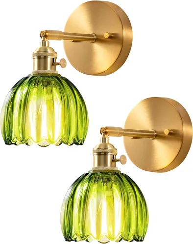 EDISHINE Juego de dos apliques de pared cableados, accesorio de iluminación de pared vintage con pantalla de cristal de tulipán verde ajustable en