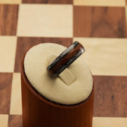 Miniatura 2 de 100S JEWELRY Anillos de tungsteno para hombres y mujeres con incrustación de barril de whisky, estilo vintage, diseño barroco, hoja, negro, anillo