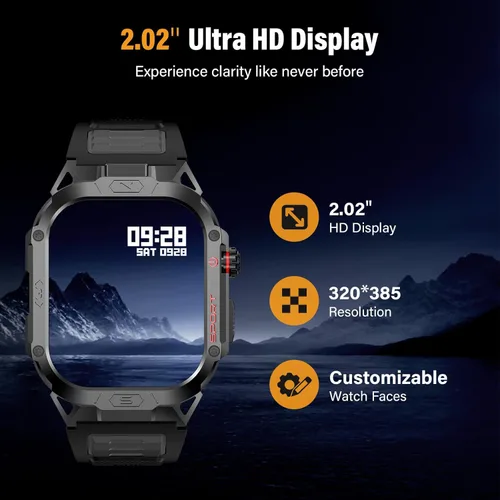 Miniatura 5 de Reloj inteligente militar para hombre, reloj inteligente deportivo al aire libre de 2.02 pulgadas con linterna, frecuencia cardíaca, oxígeno y Negro