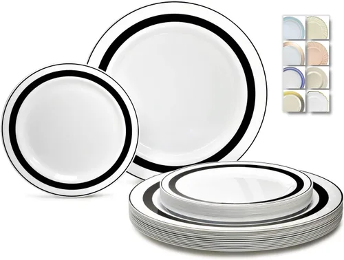 Miniatura 6 de OCCASIONS 50, 150, 200 piezas lisas (para 25 invitados) 10.5 pulgadas, 7.5 pulgadas + cubiertos Soleil en blanco y negro