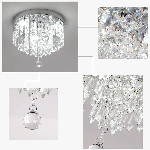 Miniatura 8 de Deckrico Candelabro de cristal moderno LED para techo, montaje empotrado, de acero inoxidable, pantalla de luz con cuentas para dormitorio, comedor