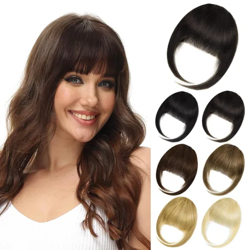 Miniatura 15 de Extensiones de cabello sintético con clip, flequillo francés, con sienes, color marrón ceniza, flequillo falso natural con clip para mujer, uso