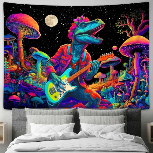 Miniatura 2 de SAOLUIS Tapiz de luz negra de dinosaurio, divertidos tapices de hongos de dinosaurio de neón reactivo a los rayos UV para colgar en la pared, tapiz
