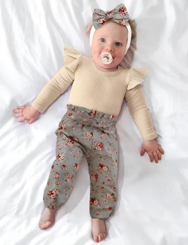 Miniatura 3 de KANGKANG Ropa de bebé recién nacida, mameluco acanalado con mangas con volantes + pantalones florales + diadema lindo traje de bebé niña 3 piezas