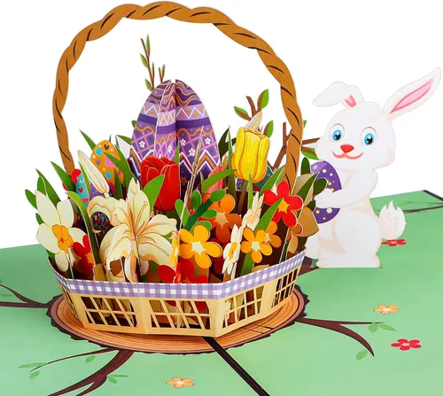 D4DREAM Tarjeta desplegable de Pascua con sobre, 6 x 8 pulgadas, cesta de huevos de Pascua 3D, tarjeta de felicitación de conejo, ramo de flores,