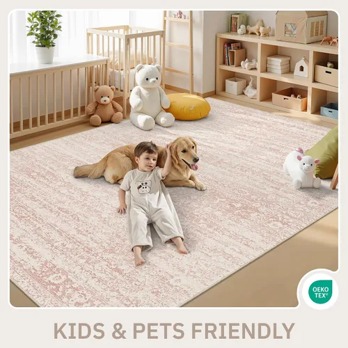 Miniatura 8 de Soalmost Alfombras de área rosadas de 5 x 7 pies para guardería, alfombras lavables vintage con estampado floral antideslizante de pelo bajo