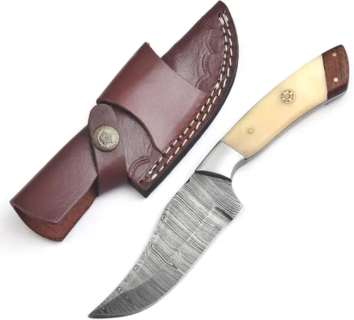 Cuchillo de caza de Damasco hecho a mano de 8.25 pulgadas - Cuchillos de hoja fija con mango de hueso y funda de cuero - Cuchillo personalizado para