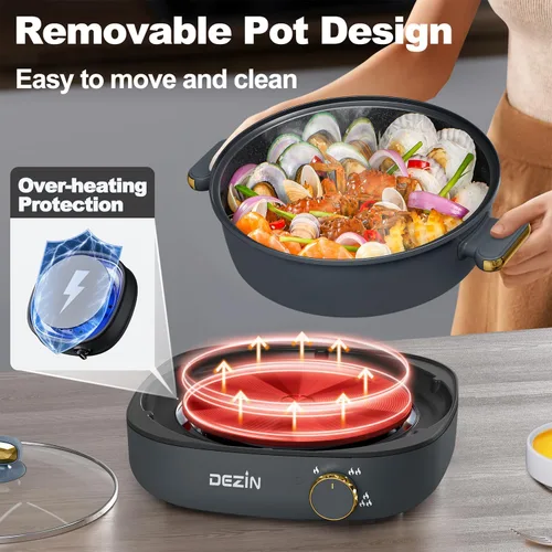 Miniatura 7 de Dezin Olla eléctrica Shabu Shabu con olla extraíble, olla caliente antiadherente de 4 litros con control de doble potencia, olla eléctrica con tapa