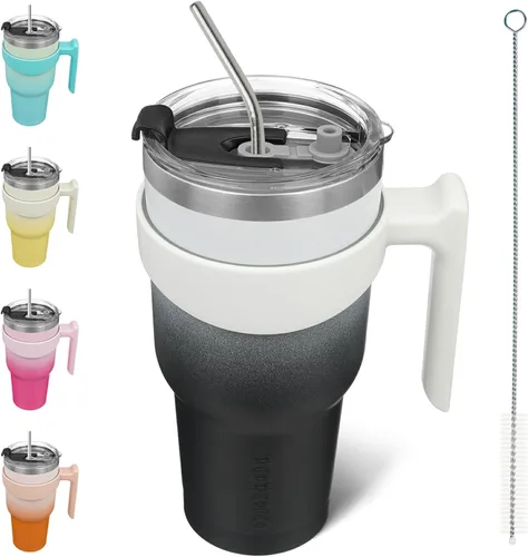 Miniatura 36 de BJPKPK Vaso con asa de acero inoxidable de 20 onzas, con aislamiento de doble pared, con tapa y pajita, color rosa claro A-rosa claro