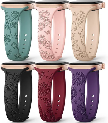 Miniatura 9 de AMSKY Paquete de 6 correas delgadas con grabado floral compatibles con Apple Watch Band 1.575 in 1.614 in 1.654 in 1.496 in 1.732 in 1.772 in 1.811