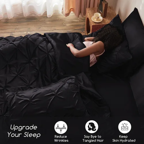 Miniatura 3 de MR&HM Edredón de satén California King de 7 piezas, color negro, lujoso juego de ropa de cama plisado con edredón, sábana encimera, sábana bajera