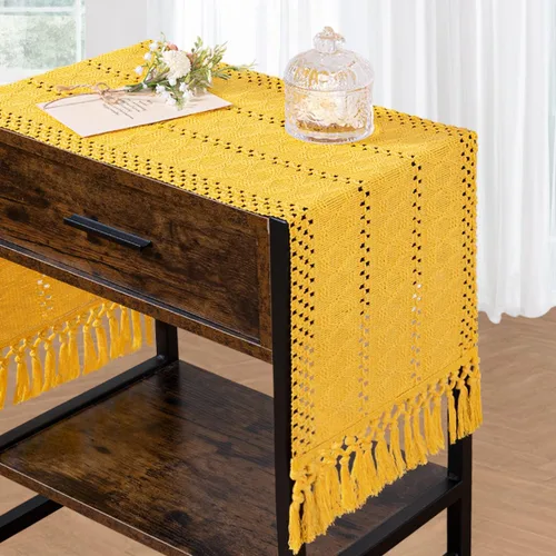 Miniatura 6 de DeZerlor Camino de mesa de macramé de 12 x 60 pulgadas, camino de mesa bohemio de granja con borlas de algodón y lino tejido para mesa de comedor