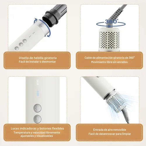 Miniatura 6 de Estilizador de cabello 6 en 1, secador de pelo iónico de alta velocidad con rizadores de envoltura automática, cepillo ovalado y voluminizador, sin