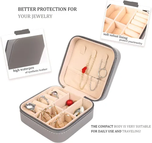 Miniatura 4 de KElofoN Organizador de joyas de viaje, joyero de viaje, caja organizadora de joyas pequeña para niñas y mujeres (1, gris completo)