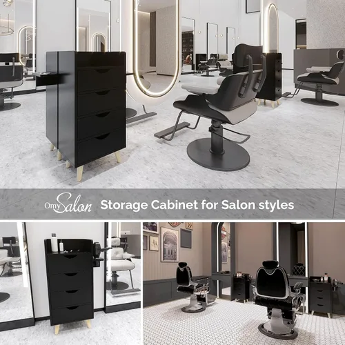 Miniatura 4 de OmySalon Armario de almacenamiento de 4 capas, equipo organizador de estación de peluquería de belleza, juego de estación de estilista con 2 Negro
