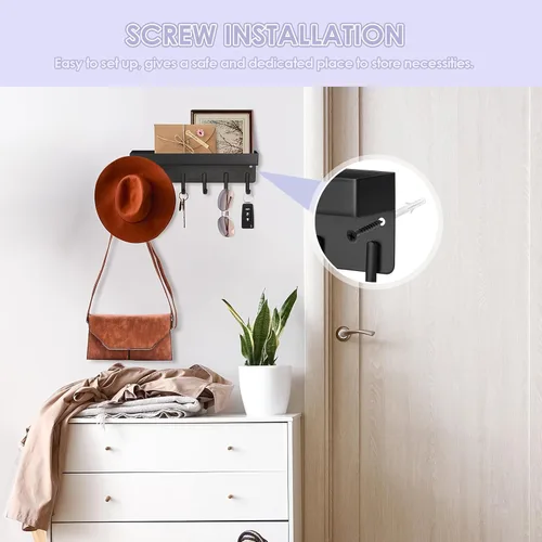Miniatura 3 de VIS'V Soporte para llaves de pared, soporte adhesivo compacto para llaves con bandeja, 6 ganchos, 2 opciones de montaje, negro