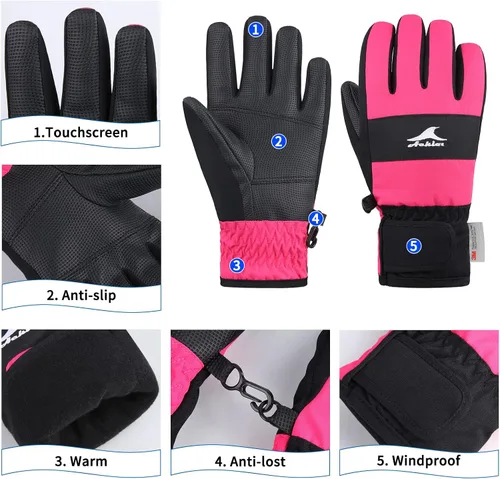 Miniatura 2 de Achiou Guantes de esquí para niños, impermeables, para invierno, nieve, snowboard, cálidos, pantalla táctil, para niños, niñas, esquí, ciclismo