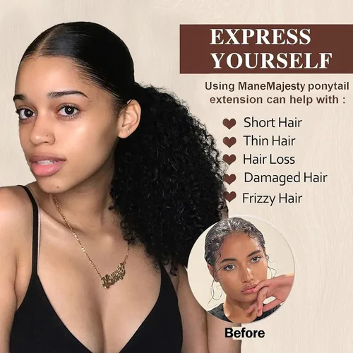 Miniatura 4 de Extensión de cola de caballo de cabello humano de 12 pulgadas con cordón rizado profundo para mujeres negras, extensión rizada 3C, color negro