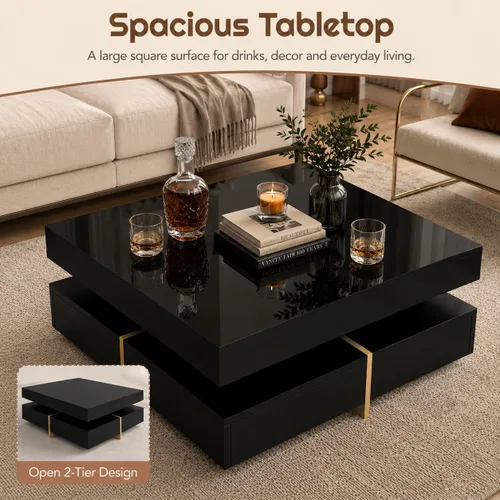 Miniatura 7 de Mesa de centro moderna con almacenamiento, mesa de centro cuadrada contemporánea con cajones, mesa central moderna de alto brillo para sala de Negro