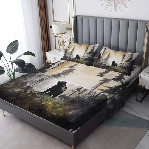 Miniatura 10 de Bear Sheets - Juego de sábanas de tamaño individual, sábanas de animales del bosque de dibujos animados, microfibra suave y bolsillo profundo