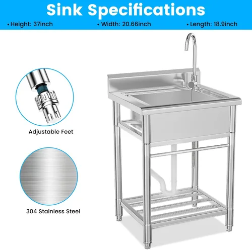 Miniatura 6 de Lafati Fregadero de acero inoxidable – Fregadero de cocina independiente de un solo tazón certificado NSF con agua fría y caliente para granja