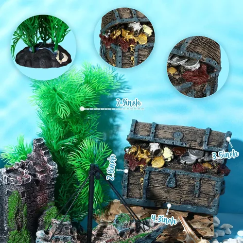 Miniatura 4 de Wenqik Decoraciones de Acuario Grandes, Naufragio Hundido de Resina, Cofre del Tesoro Submarino, Ruinas de Castillo Antiguo Túnel Casa, Plantas